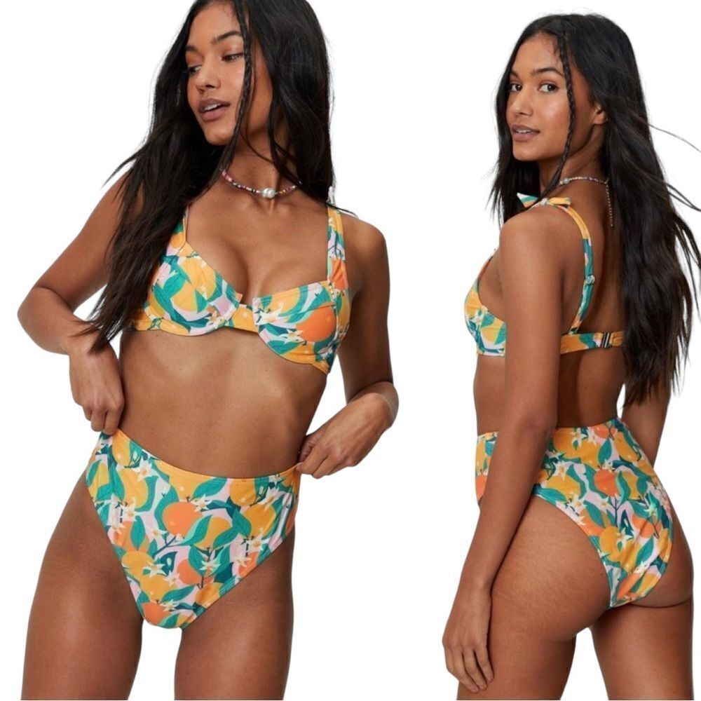 Nasty Gal bikini set in orange & pink underwire tie shoulder size 0